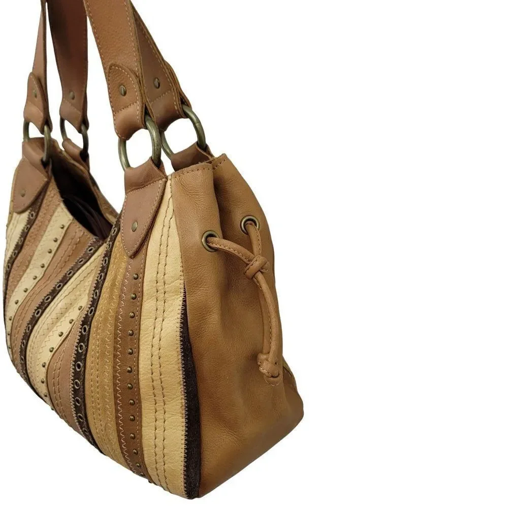 Vintage Fossil Hobo Leather‎ Patchwork Studded Embroidered Shoulder Bag Brown